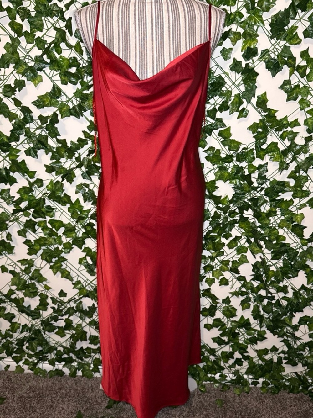 Red Satin Slip Dress with Cowl Neck